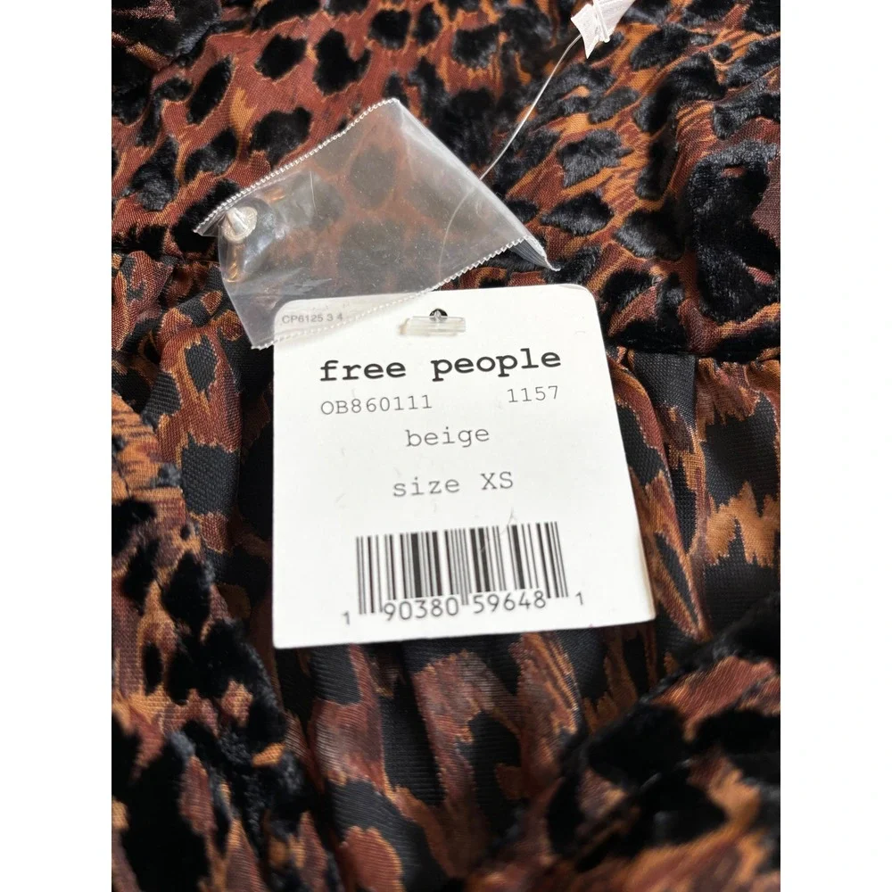 Free People Blouse XS Beige Leopard Print Velvet Burnout Button Front NWT